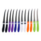 Fully displayed 12-piece stainless steel serrated knife set on kitchen surface.