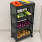 Close-up of the ventilated baskets on the 4-layer plastic storage rack, ensuring airflow.