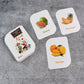 Laminated fruit flashcards with child-safe rounded corners for safe handling
