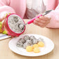 A multi-functional stainless steel peeler and corer tool for fruits.