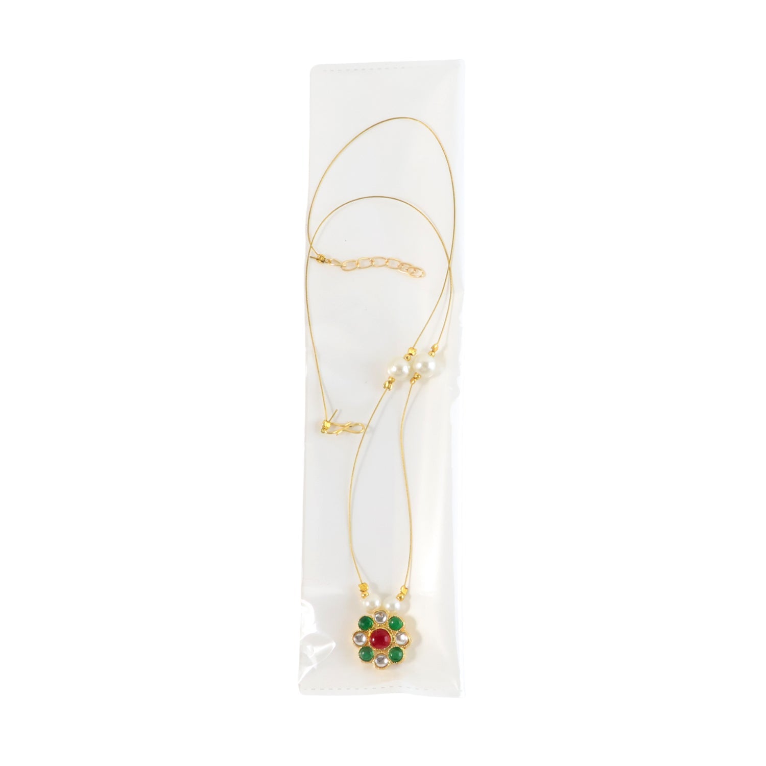 Close-up of the multicolor stone floral pendant on the lightweight pearl chain