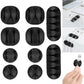 A set of 10 black cable organiser clips ready for use in home or office cable management.