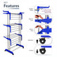 Foldable stainless steel drying rack set up indoors holding garments