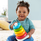 Colorful plastic stacking rings with a cute teddy bear head for kids.