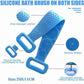 Person using the silicone back scrubber to reach difficult areas.