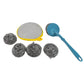 Handheld stainless steel scrubber with ergonomic plastic handle cleaning kitchen surfaces