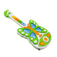 A young child's hands exploring the buttons of the light and music guitar toy.