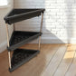 Triangular corner storage rack showing spacious plastic shelves and metal supports