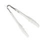Plastic handle kitchen tongs securely gripping a slice of bread.