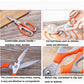 A pair of multi-function kitchen scissors with a magnetic holder against a plain background.