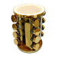 Elegant golden LED spice rack holding 16 clear glass seasoning jars.