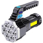 Handheld rechargeable LED flashlight with COB side light providing wide floodlight.