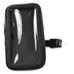 Phone holder case securely attached to a scooter handlebar, suitable for various vehicles.