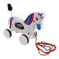 Frontal view of the colorful detailed Unicorn pull along toy for babies and toddlers