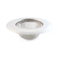 Stainless steel kitchen sink strainer filtering food particles and hair