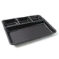 Stackable design of plastic rectangular 4-compartment meal tray for easy storage.