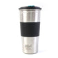 Insulated stainless steel travel tumbler with heat-safe grip sleeve