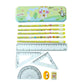 Colorful students stationery kit with geometry tools and pencils