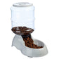 Close-up of the automatic pet food dispenser, highlighting its sturdy base and transparent bottle