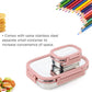 Overhead view of a single stainless steel lunch box, showcasing its ample space.