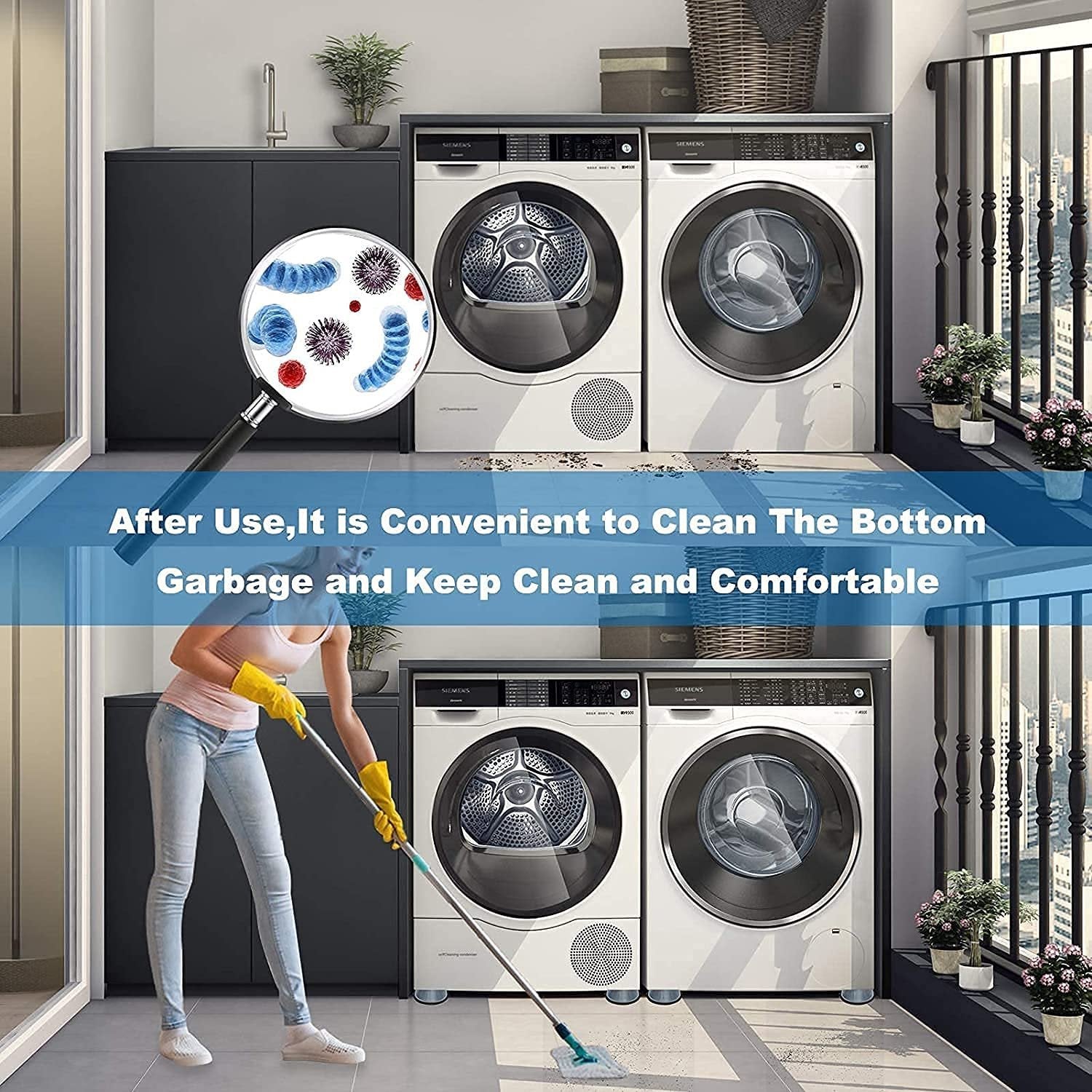 Noise reducing suction cup pads creating a quieter laundry experience.