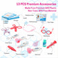 Detailed view of the multi-piece doctor play kit instruments, including stethoscope.