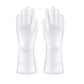 Heavy-duty cleaning gloves in use for bathroom scrubbing.