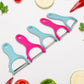 The durable stainless steel peeler with its angular blade for efficient peeling.