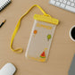 Front view of a transparent waterproof phone pouch with an adjustable belt.
