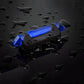 Packaging for the blue rechargeable bicycle light, including the light, USB cable, and rubber band.