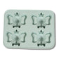 Ice cubes in fun cartoon shapes being easily released from the silicone tray.
