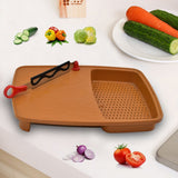 Thick plastic cutting board with integrated holder and a grey silicone base.