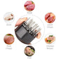 Detailed view of the meat tenderizer tool's spring mechanism and needle array.
