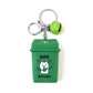 Green colored Trash Can Keychain novelty keyring made from durable plastic