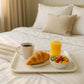 Top view of versatile white plastic serving plate on table