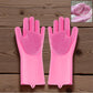 Pair of multicolor silicone cleaning gloves on a clean white background.