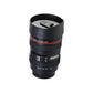 Camera lens shaped coffee mug with lid, perfect for photography enthusiasts.