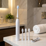 White rechargeable electric toothbrush with extra replacement heads