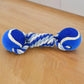 Brightly colored cotton rope dog toy with sound feature for engaging pets.