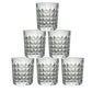 A stack of elegant diamond-cut glass tumblers, illustrating their compact storage and design.