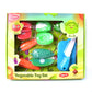 A toy kitchen play set featuring sliced fruits, vegetables, knife, and cutting board.