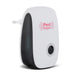 Compact ultrasonic pest repeller showing its effective coverage area illustration.