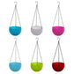 A single round plastic hanging flower pot with a plant inside, ready for display.