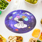 Brightly colored disposable paper plates with 'Festive Fun' motifs for parties.