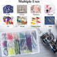 Clear plastic organizer box with adjustable dividers for craft supplies.