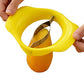 Efficient mango cutting tool with non-slip handle on a kitchen counter.
