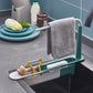 Expandable dish drying rack in a modern kitchen setting, providing a practical solution for sink organization.