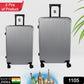 Two hard case trolley bags, big and small, in striking multi-colors, ready for travel.