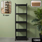 Utility storage cart featuring five open shelves on rolling wheels