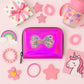 Cute kids wallet with bow-shaped floating glitter window and vibrant holographic finish